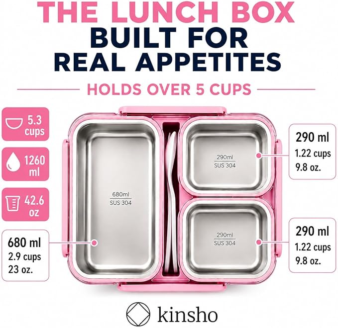 kinsho BIG Bento Lunch Box & Bag, Stainless Steel - Adults Teens Kids Pink | Holds 5 Cups in 3 Removable Metal Containers, Silicone Seals, Bonus Lids, Insulated, Utensils, Leakproof for Work School Food