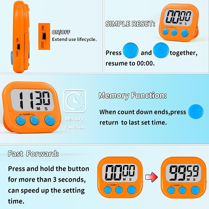 Timer for Kids Digital Kitchen Timers for Cooking- 4 Pack Orange Green | Countdown Timer for Classroom Study Exercise Teacher Supplies, Strong Magnetic, Loud Alarm, Large Screen, Fast Reset, Memory