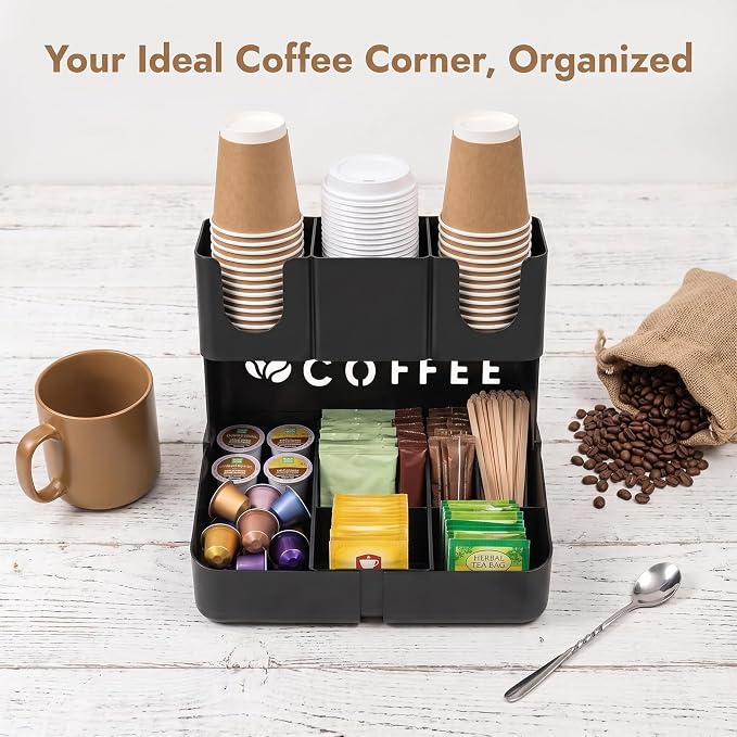 Expandable 2 Tier Coffee Station Organizer, Coffee Bar Organizer with 11 Compartments & Cup Holder Rack, Coffee Pod Holder for K Cups, Tea Bags, Sugar Packets, Countertop Coffee Accessories Storage