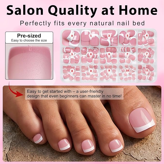 240pc White French Tip Press on Toenails for Women Pink Fake Toenails | French Fake Toe Nails Press ons Nail Square Glue on Toe Nails Acrylic Press on Toes Nails Tip Stick False Artificial Toenail