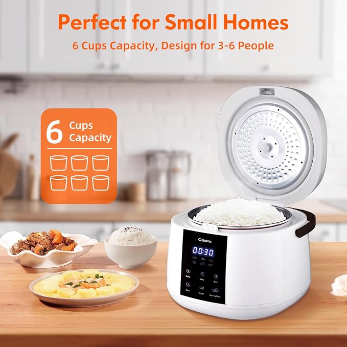 Rice Cooker Small,6-Cup Uncooked/12-Cup Cooked,6-in-1 Multi Cooker | Portable Non-Stick Rice Maker With Steamer Basket,12 Hours Timer Delay & Keep Warm Function for Soups,Stews,Oatmeal