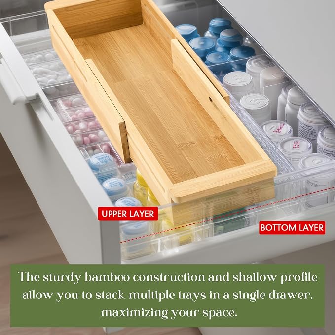LemonRoad 2 Pcs Sliding Drawer Organizer 12.4-17.7 Inch Bin Bamboo Drawer Expandable Bins Utensil Organizer for Kitchen Spoons Forks Knives (Wood)