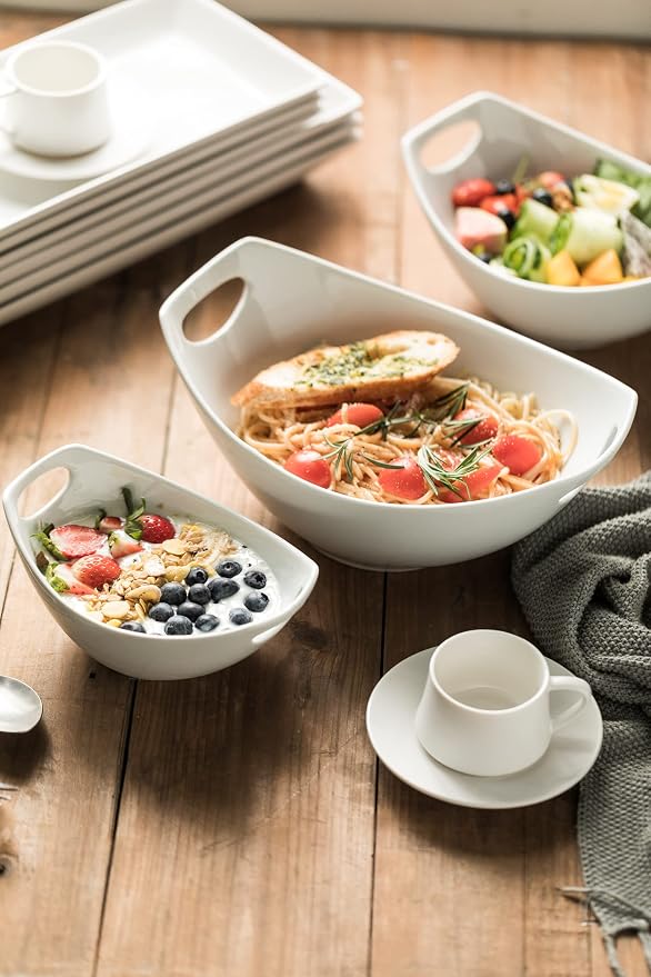Gomakren White Serving Bowls for Entertaining, Porcelain Bowl with Handles | Set of 3 - 15/28/47oz, Multi-Size Nesting Bowls, Microwave Dishwasher Safe, Stackable Storage, Party Housewarming Gift