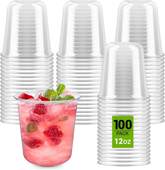 100 Pcs Round Bottom Plastic Cups, 12 oz Disposable Stemless Wine Glasses | Clear Plastic Cocktail Cups, Cold Drinking Party Glasses, For Wedding Gathering Birthday Meeting