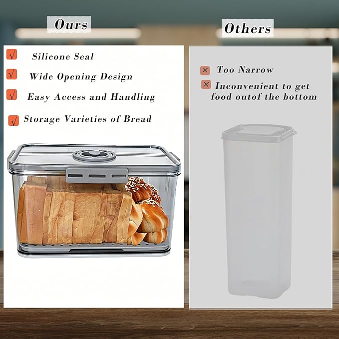 Honbuty Bread Box Bread Boxes for Kitchen Counter Airtight,Time Recording Bread Storage Container with Lid, Bread Keeper for Homemade Bread, Toast, Bagel, Donut and Cookies, Grey,Gifts for Mom Dad