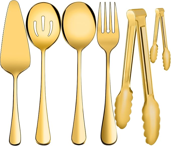 Serving Utensils, XEVOM 6-Piece Stainless Steel Serving Utensil Set Gold | Include Serving Spoon, Slotted Serving Spoon, Serving Fork,Serving Tong, Appetizers Tong,Pie Server