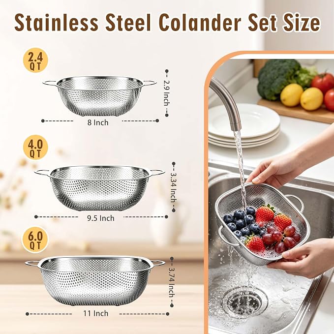 P&P CHEF Stainless Steel Colander Set, Strainers and Colanders for Kitchen | 3 Pcs Square Metal Colander Set, For Washing Draining Rinsing Spaghetti Fruit Food, Dishwasher Safe & Healthy, 2.4 / 4 / 6 Qt