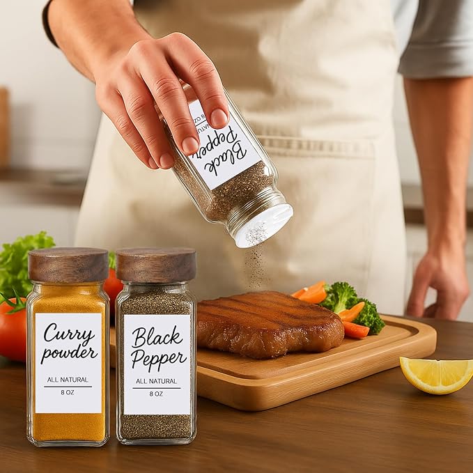 8Oz 8Pcs Glass Spice Jars with Label, Seasoning Containers, Spice Containers with Bamboo Lids & Pen, Empty Spice Bottles for Salt, Herbs, Sugar, Pepper (Acacia Wood Color)