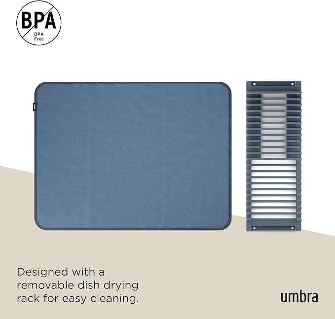 Umbra Udry Dish Rack and Microfiber Drying Mat – Space-Saving Design Folds Up for Easy Storage, Basic Rack, Slate Blue | Protects countertop, BPA-free, recycled plastic construction