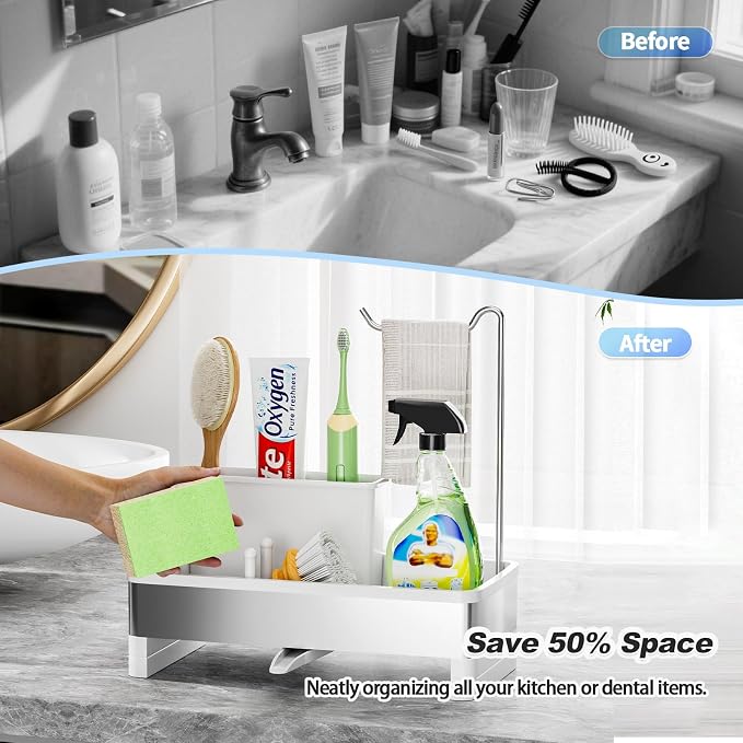 Ewaiira Sponge Holder for Kitchen Sink, Stainless Steel Sink Caddy | with Brush Holder & Dishcloth Rack, Countertop Sink Organizer, Soap Dispenser Kitchen Organizers Storage (D-Black 9.8″)