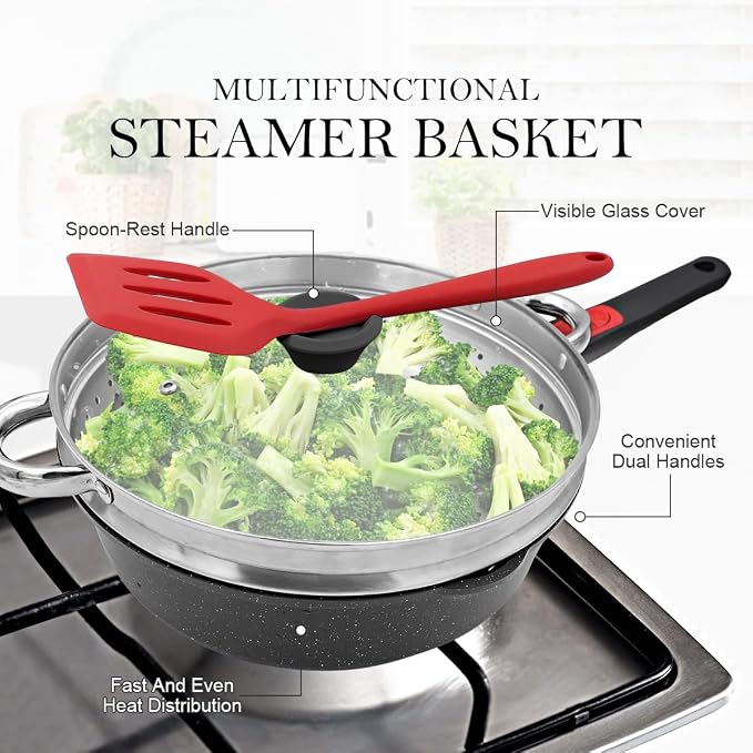 12-Inch Non Stick Frying Pan with Steamer, 5 QT Deep Saute Pan with Lid, Vegetable Steamer Cookware for Cooking, Detachable Handle, Compatible with All Stoves, Oven Safe, PFOA Free, Black