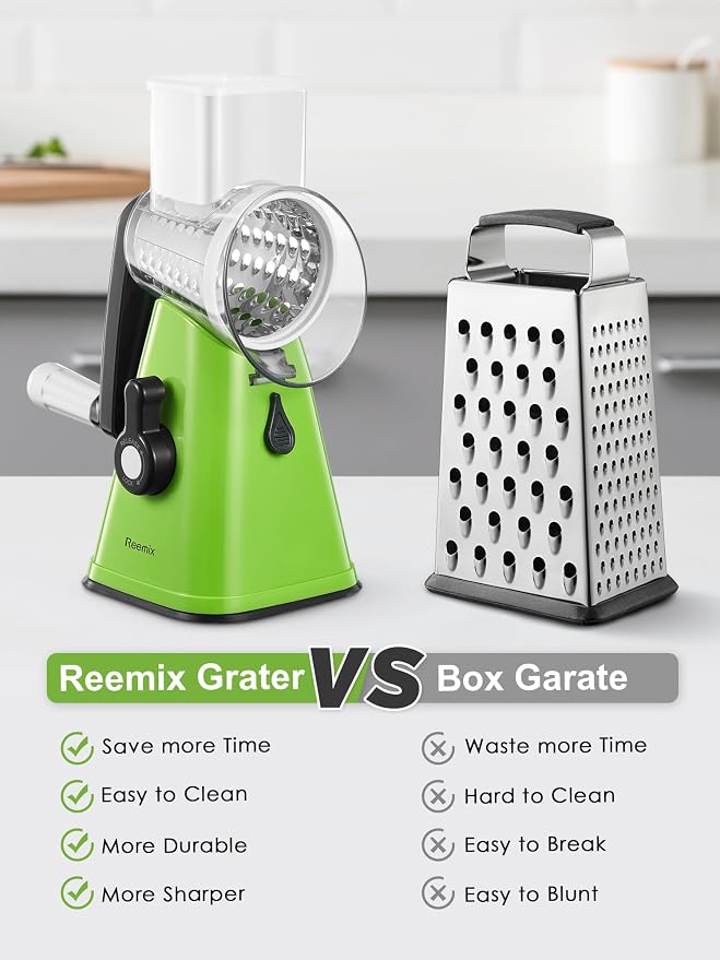 Rotary Cheese Grater with Handle, Reemix Vegetable Cheese Grater | Shredder Slicer Grater for Kitchen 3 Changeable Blades for Cheese Potato Zucchini Nuts Chocolate (Green)
