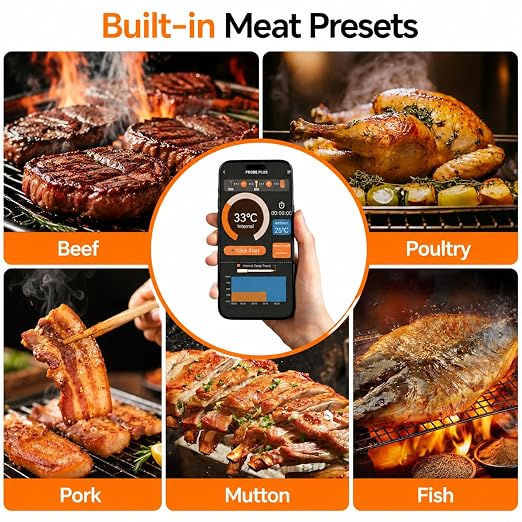 Bluetooth Meat Thermometer Wireless for Grill BBQ Oven, Upgraded Probe | 130FT Stable signal | ±1°F Accurate Digital | Wifi App Control | IP67 Waterproof | Rechargeable | For Steak Chicken Turkey