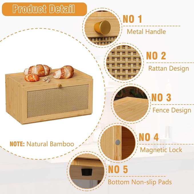 Trironsun Rattan Bamboo Bread Box for Kitchen Counter Large Capacity Bread Storage Bin Farmhouse Bread Storage Container Rustic Bread Holder (Natural Bamboo)