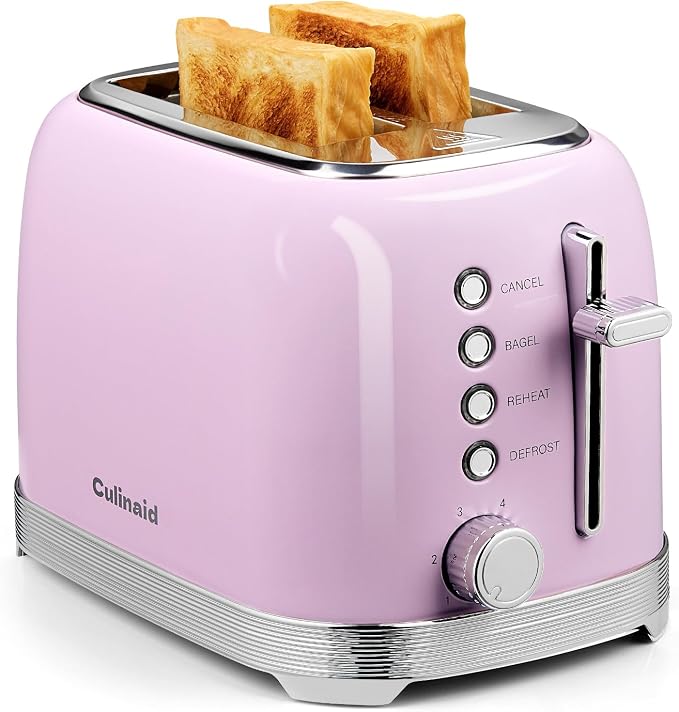 Toaster 2 Slice Retro Stainless Steel, Pastel Pink | 1.5’’ Extra Wide Slots with Bagel, Defrost, Reheat, Cancel Functions, 6 Bread Shade Settings, Removable Crumb Tray