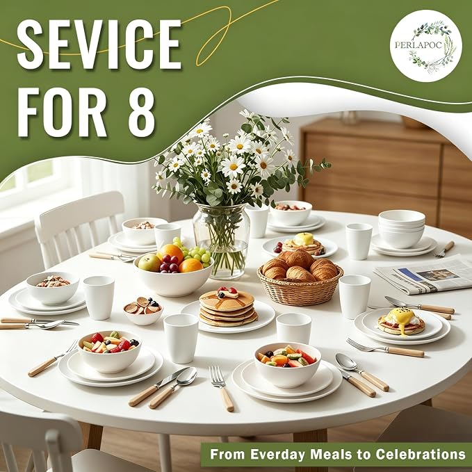 40 PCS Wheat Straw Dinnerware Sets, Service for 8 - Dinner Plates, Cereal Bowls, Drinking Glasses, Unbreakable Plastic Plates and Bowls Sets, Dishwasher and Microwave Safe for Kitchen - White