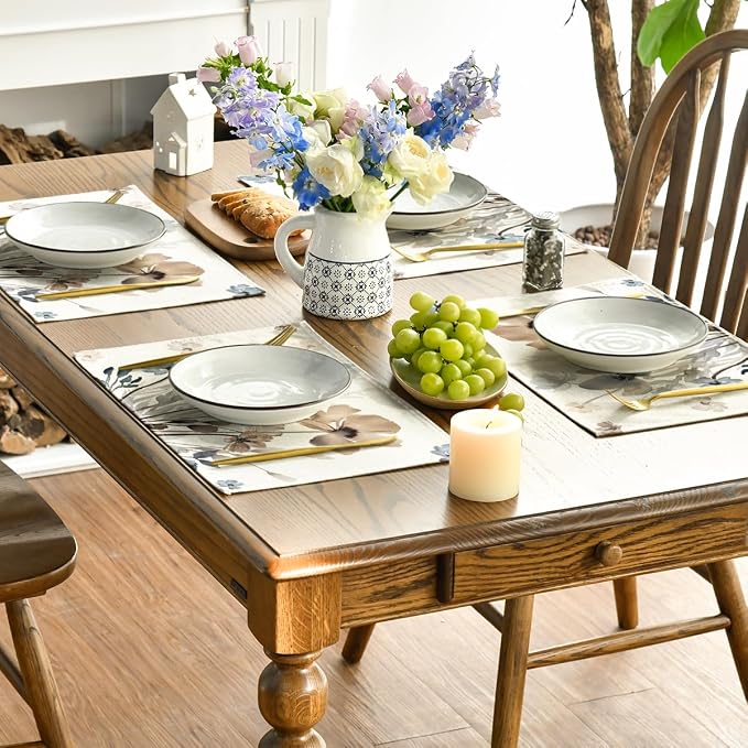 Artoid Mode Brown Poppy Floral Leaves Fall Placemats Set of 4, 12x18 Inch Seasonal Spring Table Mats for Party Kitchen Dining Decoration