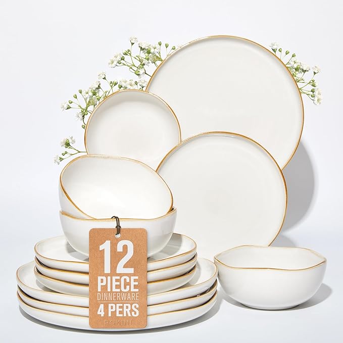 Dinnerware Set for 4, Ceramic Dish Set, Plate and Bowl Set, Microwave & Dishwasher Safe Dishware Set, Chip & Scratch Resistant Dinner Sets, Irregular Edge Design, White