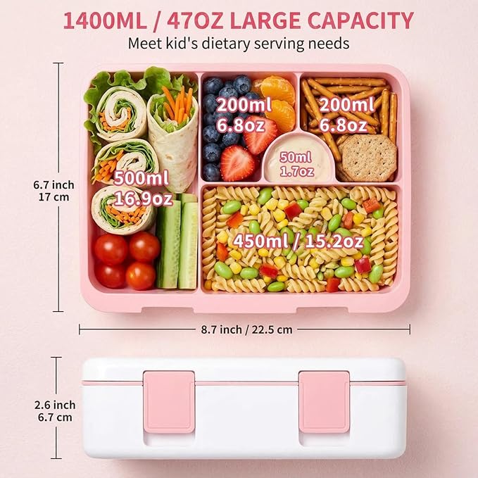 rockpapa 5.5 Cups Bento Lunch Box for Kids, 5-Compartment, Rainbow | BPA-Free, Leak Proof, with Utensils & Handle, Microwave Safe, Dishwasher Safe, for School, Picnic, Boys, Girls