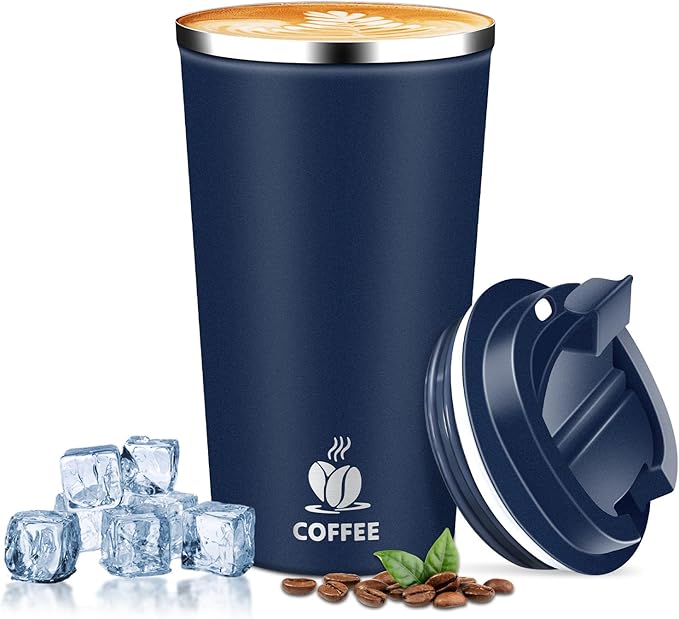 Insulated Travel Coffee Mug Reusable Coffee Tumbler Cup with Flip Lid Leak Proof Spill Proof for Office School Party Camping Hot and Cold Drink,Stainless Steel 17oz (Navy Blue)