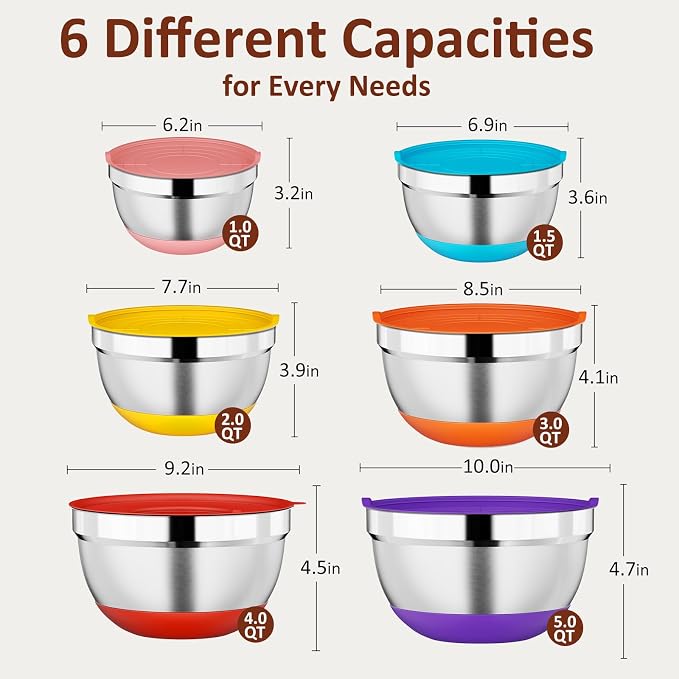 9 Pack Mixing Bowls with Airtight Lids & Grater Attachments, Multi | Stainless Steel Bowl, Non-slip Bases, Nesting Kitchen Bowl, Size 5, 4, 3, 2, 1.5,1QT,for Food Prep, Baking, Storage & Serving