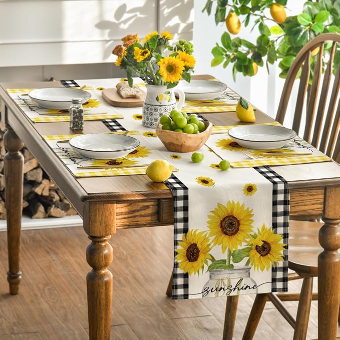 Artoid Mode Yellow Buffalo Plaid Sunflower Sunshine Vase Summer Placemats Set of 4, 12x18 Inch Spring Table Mats for Party Kitchen Dining Decoration