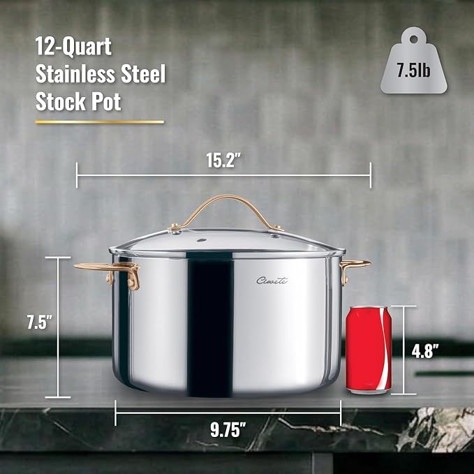 Ciwete Stock Pot 12 Quart, 18/10 Tri-Ply Stainless Steel Whole Clad Stock Pot with Lid, Seamless 12 QT Cooking Pot with Copper Handle, Healthy Stockpots, Induction, Gas, Oven and Dishwasher Safe