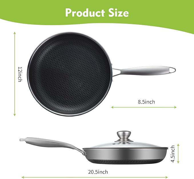 Toutrop Non Stick Frying Pans, Hybrid 12 Inch Frying Pans Nonstick with Lid, Stainless Steel Skillets Chef Cookware, PFOA Free, Works on Induction,Ceramic,Gas Cooktops and Ovens