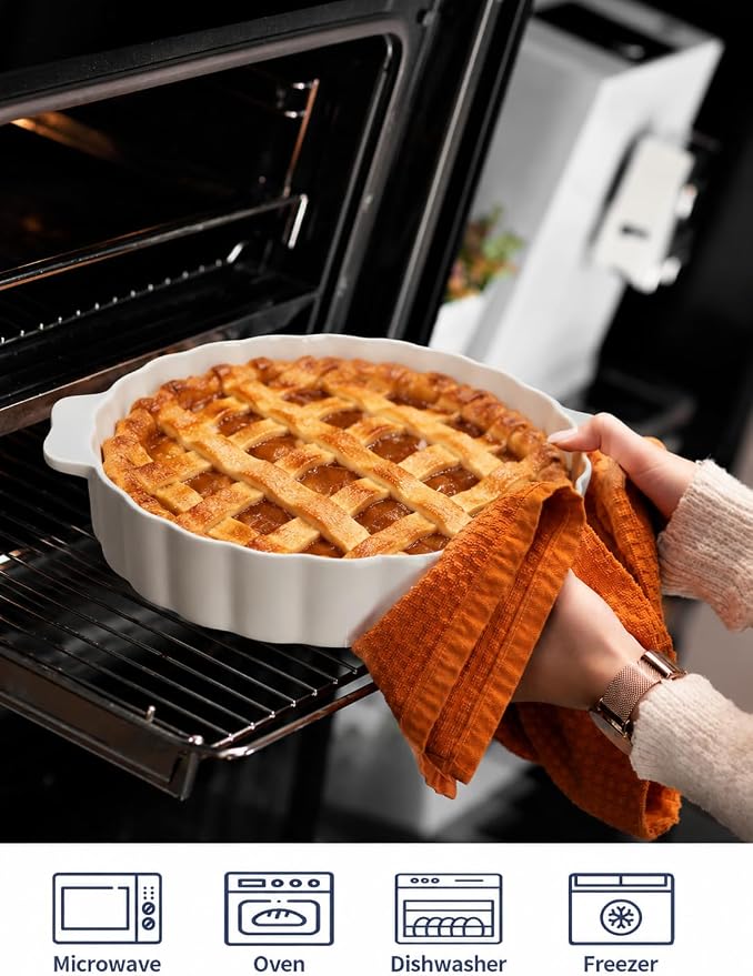 Samsle Ceramic Pie Pan For Baking,13Inch Round Baking Dish With Double Handle,Pie Plate With Ruffled Edge-Microwave, Dishwasher, and Oven Safe