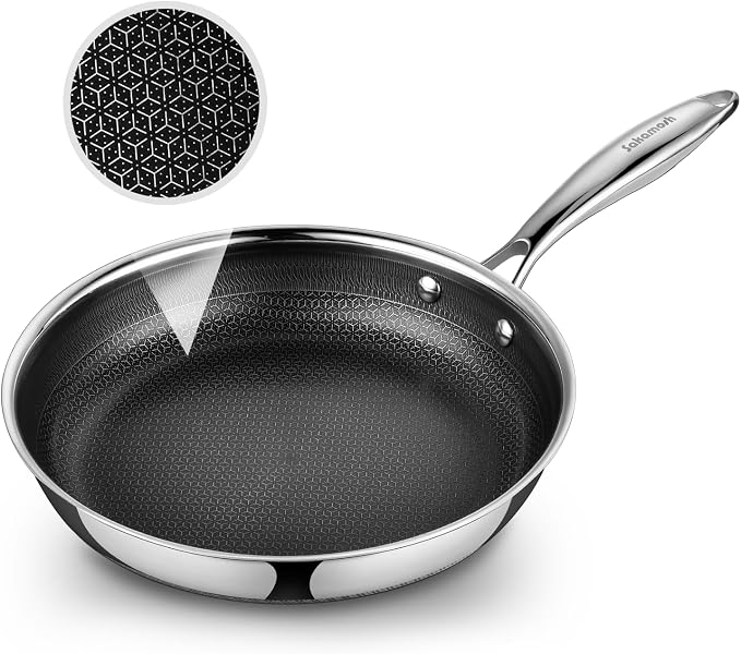 SAKAMOSH 9.5" Hybrid Nonstick Frying Pan,Stainless Steel, Induction Safe | PFAS/PFOA/PTFE-Free Ceramic Pan, Dishwasher & Oven Safe, Skillet WithStay-Cool Handle, Compatible with All Cooktops