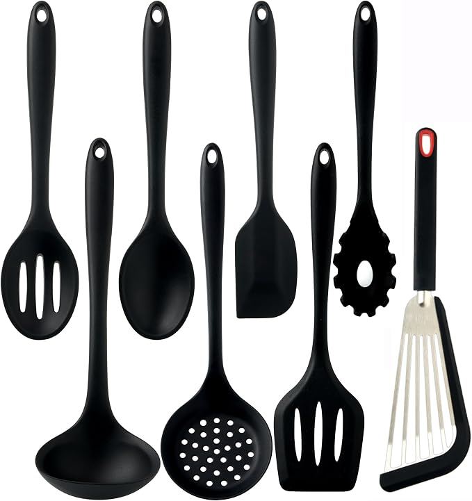 8 PCS Silicone Kitchen Utensils Set, Non Stick Cooking Tools, Black | Spatulas/Turner/Spoons/Soup Ladle/Pasta Server/Skimmer | Heat Resistant | Dishwasher Safe