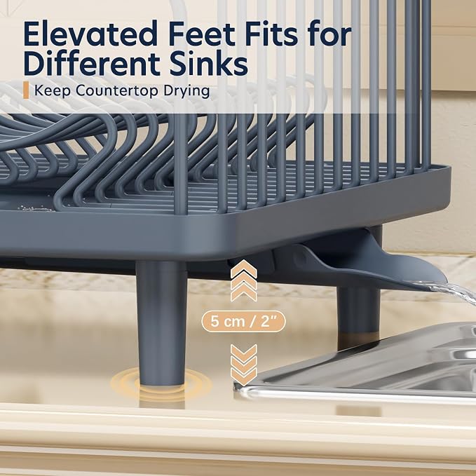 KINGRACK Dish Drying Rack for Kitchen Counter, Dish Drainer with Cup Holder | 16.9"L x 12.4" W Dish Rack with Spacious Drying Capacity, Quick Auto Dish Drainer for Plate Dish Dinnerware, Blue