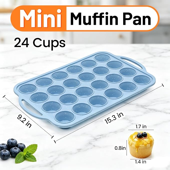 Mini Muffin Pan, Metal Reinforced Frame Cupcake Pans 24-Cup Silicone Molds | 2 Pack, BPA Free, Nonstick, Oven Dishwasher Safe, Food-Grade Silicone, Heat-resistant: -104°F to 446°F, Easy Release & Clean