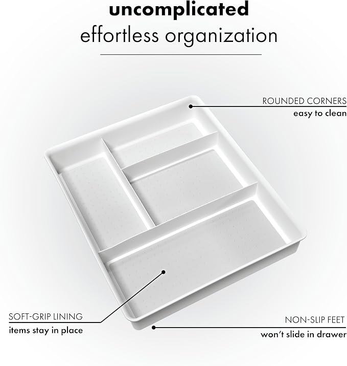 madesmart 4 Compartment Drawer Organizer, Multi Purpose Storage for Utensils, Office Tools, Cords, & Small Household Items, Tech Accessories, Arts & Crafts Supplies, Non Slip Lining, White (Pack of 6)