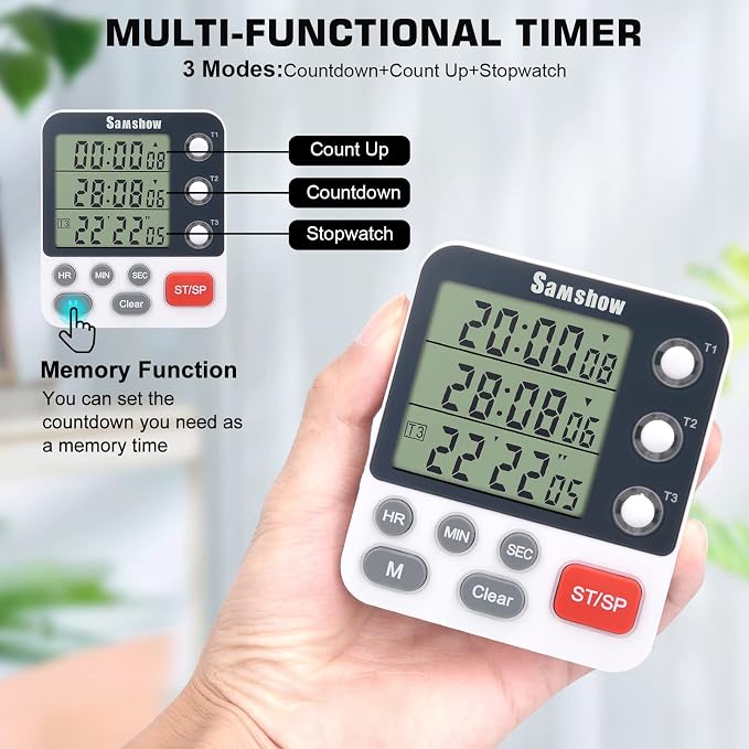 Samshow Digital Kitchen Timer, 3 Channels | Count UP/Down Timer, Large Display, Triple Timer, Magnetic Stopwatch, Adjustable Volume, Loud Alarm, Battery Included