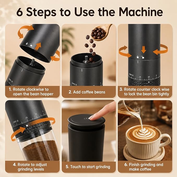 Portable Electric Coffee Grinder,Stainless Steel Conical Mill, USB-C Cordless Coffee Bean Grinder, 38 Adjustable Grind Settings for Espresso, Pour Over, French Press, Camping & Travel, 2000mAh Battery