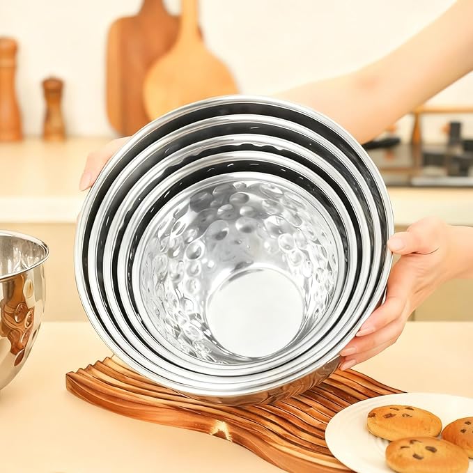 5-Piece Stainless Steel Mixing Bowls Set | 4.9/4.2/3.2/2.1/1.6QT, Hammered Design, Food-grade, for Kitchen Meal Prep, Baking, Movie Night, Party