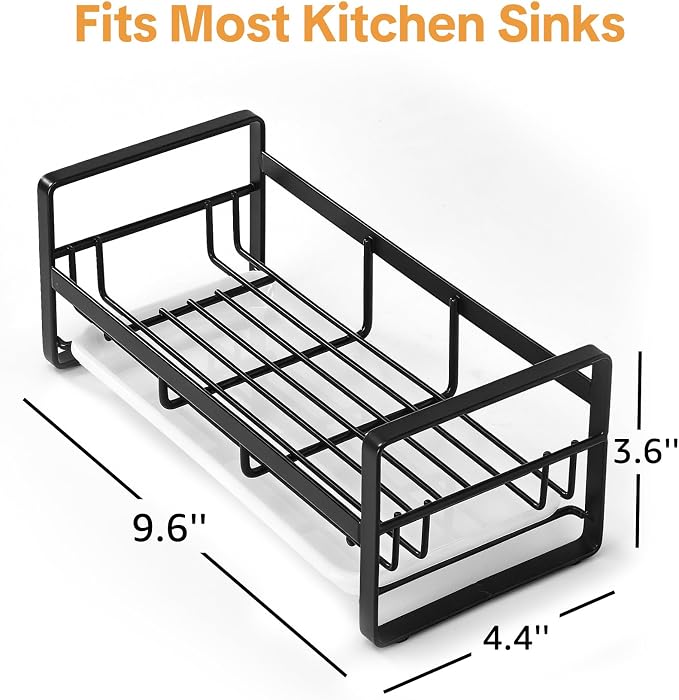 HULISEN Large Kitchen Sponge Holder, 304 Stainless Steel Sink Caddy, Black | Removable Drain Tray, Holds Sponges Soap Bottles Brushes, Countertop Storage, No Dispenser or Brush