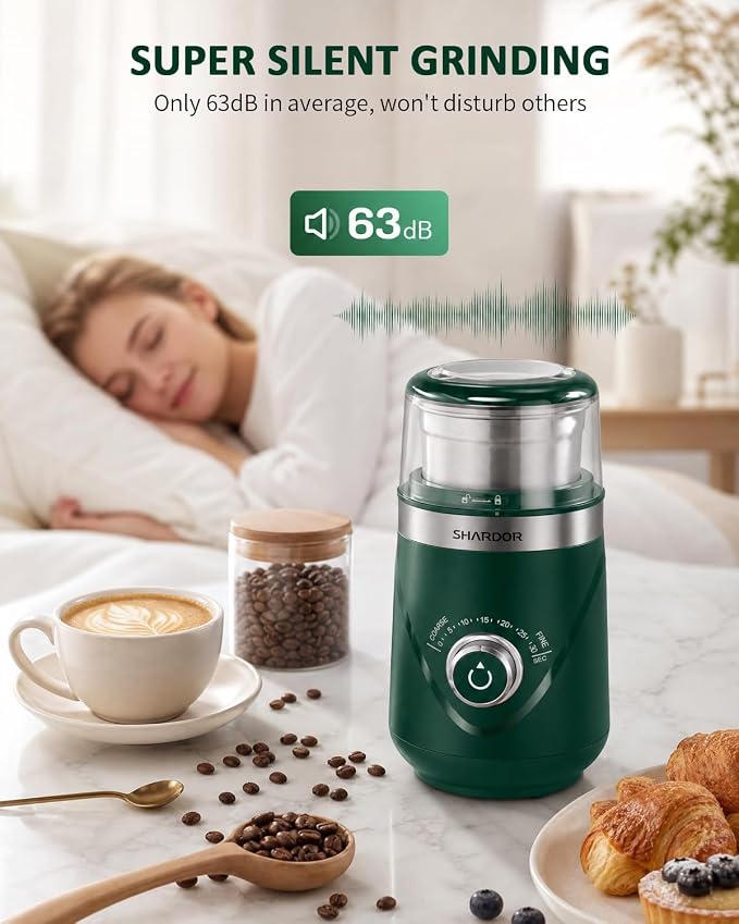 SHARDOR Electric Super Silent Blade Coffee Grinder, Timed Grind Control Rotary Knob, Adjustable Coarse to Fine for Coffee Beans, Spices & Herbs, with 2 Removable Stainless Steel Bowl, Green