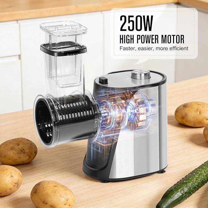 5-in-1 Electric Vegetables Chopper 250W Food Processor Veggie | Large Feed Chute, One-Touch Operation Slicer Shredder Grater for Carrots, Potatoes, Nuts, Crackers