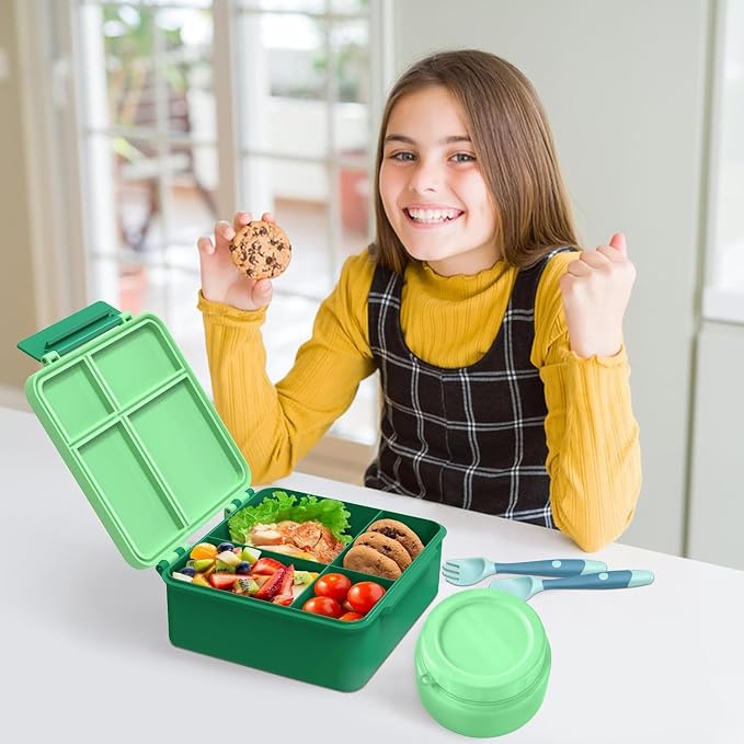 Aimsnk Lunch Box Kids with Thermo Insulated Lunch Bag for School, Green | Bento Lunch Box for Kids with 8oz Food Jar, Leak Proof Hot Lunch Containers with 4 Compartment, Warm Lunchbox for Toddler