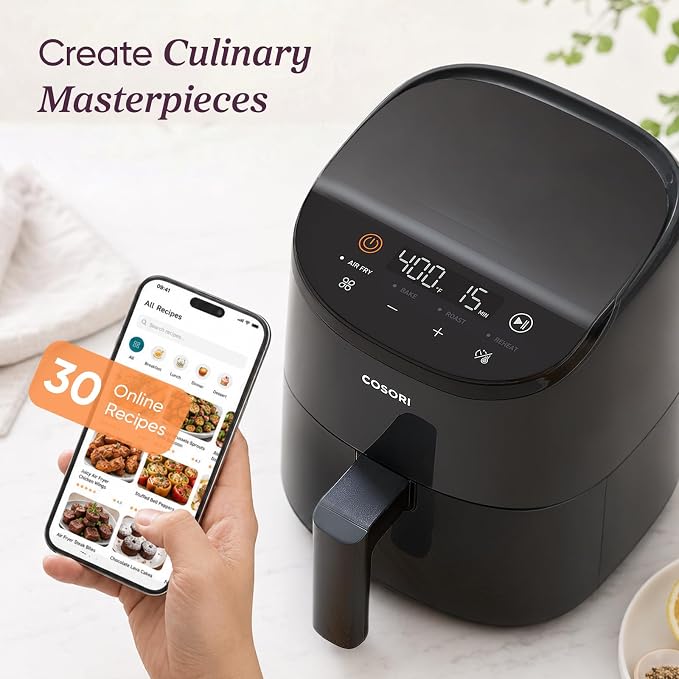 Cosori Lite 2.1 Qt Small Air Fryer, Max 400°F, 4-in-1, 97% less oil, Gray | Ideal for dorms, apartment, RVs, Quiet, Touch control, Air Fry, Bake, Roast, Reheat, Nonstick inner, Dishwasher-Safe Basket