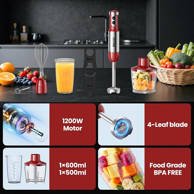 Immersion Blender Handheld 1200W, 20-Speed 5-in-1 Handheld Mixer | 4 Stainless Steel Blades, Milk Frother, Whisk, Beaker, for Smoothies, Protein Shakes, Kitchen Use, BPA-Free, Red
