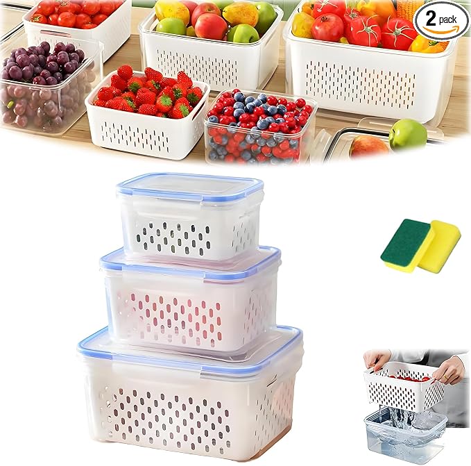 4 in 1 Food Storage Container, Fruit Storage Containers for Fridge, Produce Storage Containers with Lid and Strainer, Including Drain Basket, Multipurpose Large Fruit Containers for Fridge (3PC-White)