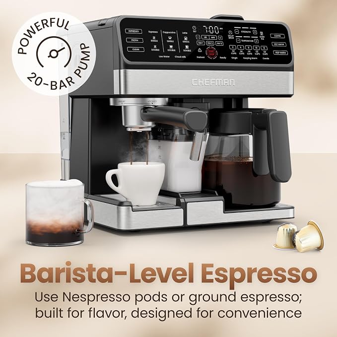 Chefman Coffee Maker Espresso Machine Combo, 8-in-1 Coffee Station with Automatic Milk Frother for Lattes, Cappuccinos, Macchiatos, 20-Bar Pump, 12-Cup Carafe & 3L Water Tank - Black