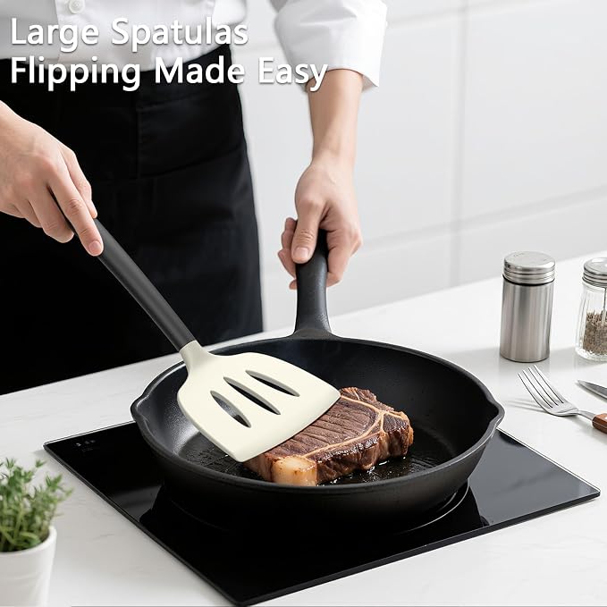 Coukre 3 Pack Silicone Spatula Set, Heat Resistant to 500°F, BPA-Free | Fish Spatula, Solid & Slotted Turners, Dishwasher Safe, Spatula Set for Eggs, Pancakes, Fish & Burgers, BeigeBlack