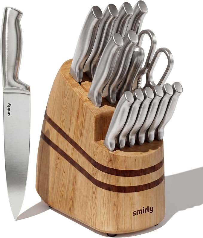SMIRLY 15 Piece Knife Set with Block for Kitchen - Stainless Steel Knives | Heavy Duty Knife Block with Sharpener Rod, High Carbon Stainless Steel Knives, Dishwasher Safe, Ergonomic Handle