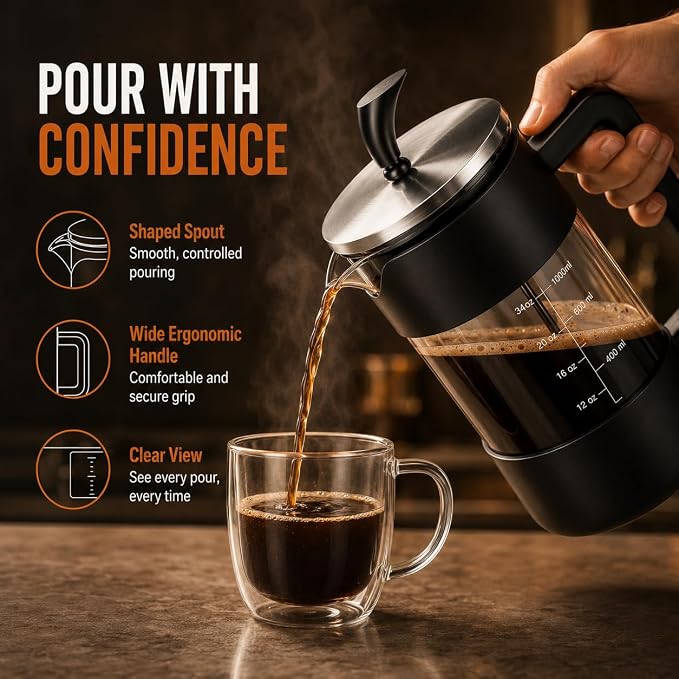 French Press Coffee Maker, 34 oz / 1000 ml Glass Coffee Press with 3-Level Stainless Steel Filter, Easy-Read Measurements, Protective Outer Shell and Ergonomic Handle, Black