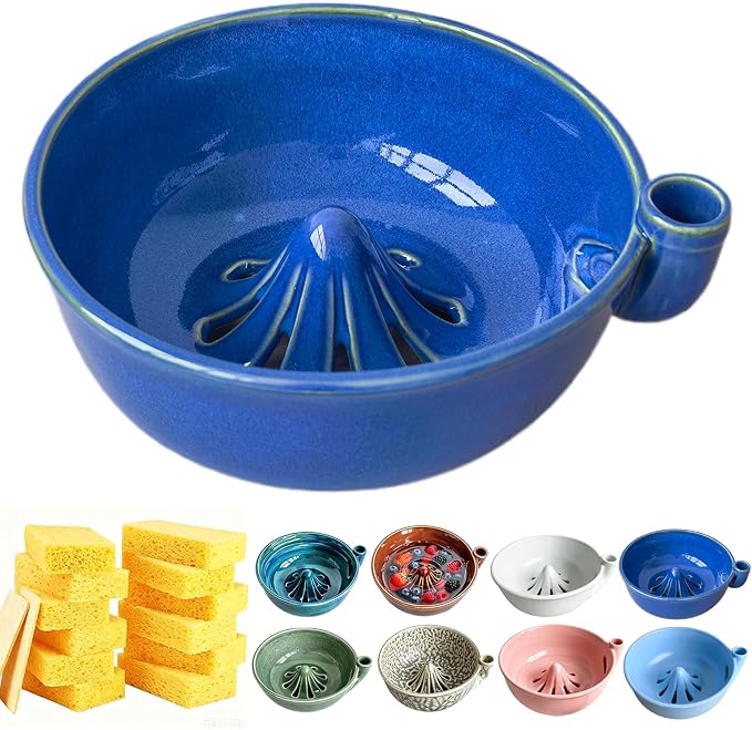 Self Spinning Ceramic Berry Washing Bowl with Drain Holes, 7'' Kitchen Fruit Washer Spinner Bowl with 10pcs Sponges，Blue A