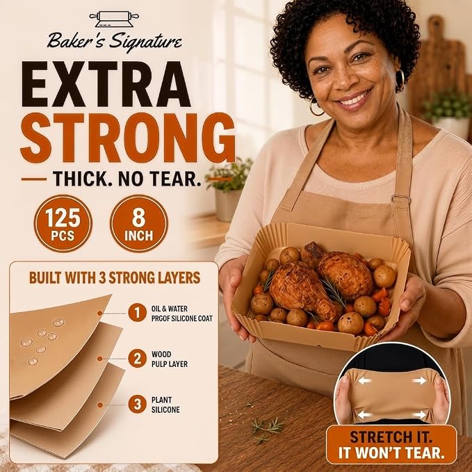 Air Fryer Paper Liners, 125Pcs Air Fryer Disposable Liners | Non-Stick and Oil Proof for Easy Cleanup, 8" Square for 5-8 qt Basket by Baker's Signature